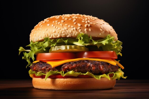 Grote smakelijke cheeseburger op een houten tafel geïsoleerd op een zwarte achtergrond