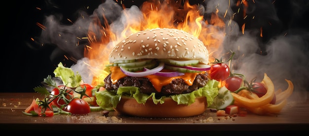 Grote smakelijke cheeseburger op houten tafel met vuurvlammen op de achtergrond