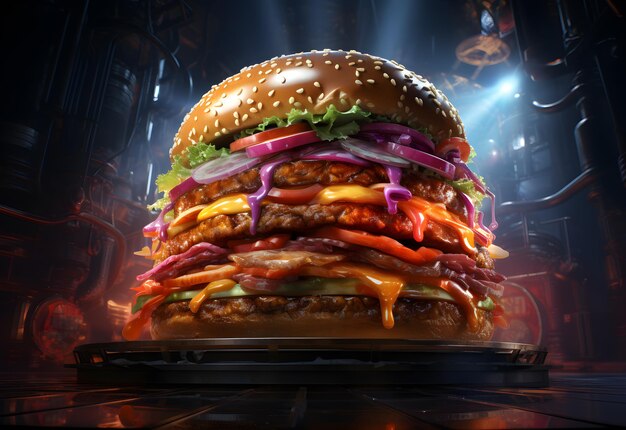 Grote smakelijke hamburger met rode en gele saus op donkere achtergrond 3D-rendering