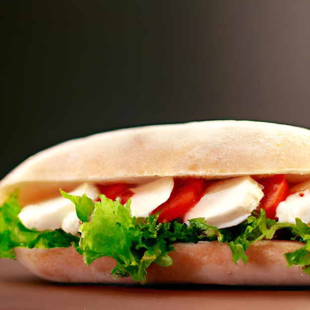 Grote smakelijke sandwich van ciabatta met mozzarella kaas, tomaten, basilicum en sla op tafel