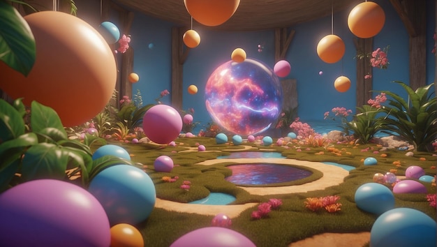 grote speelkamer voor kinderen met oranje blauwe en paarse ballen op het gazon en een magische bol in het midden