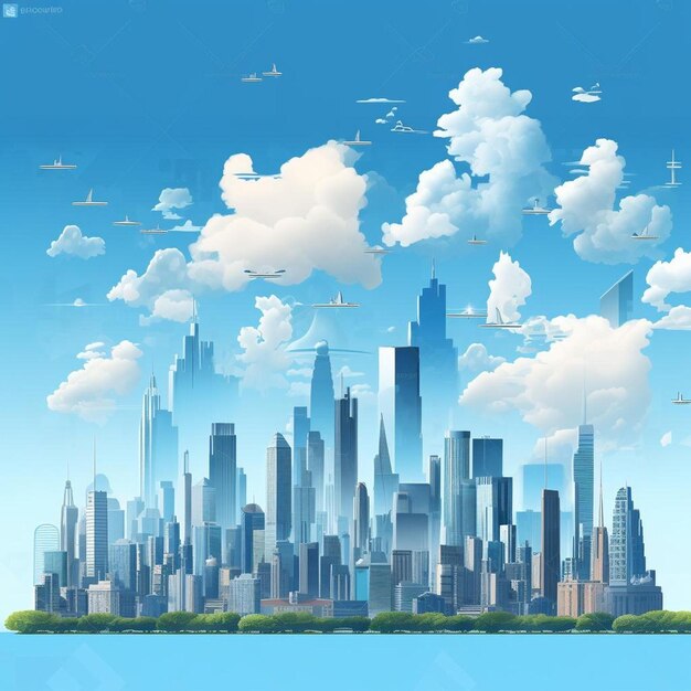 Foto grote stad in de blauwe hemel