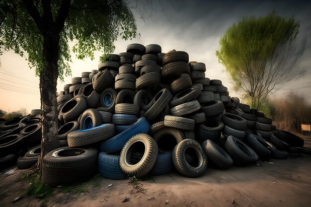 Grote stapel gebruikte oude autobanden voor recycling Neuraal netwerk gegenereerde kunst