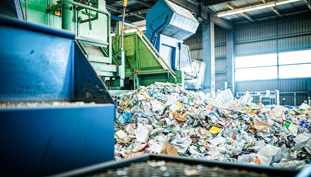 grote stapel niet gesorteerde recycleerbare materialen zit in het magazijn klaar om te worden verwerkt