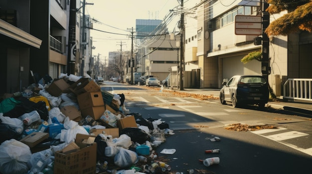 Grote stapel plastic afval op straat Milieuvervuiling ecologie