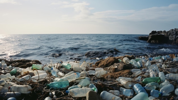 Grote stapel plastic flessen afval in de zee Milieuvervuiling ecologie