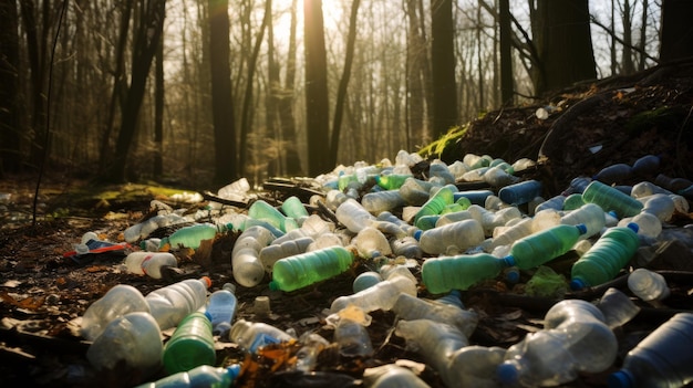 Grote stapel plastic flessen afval in het bos Milieuvervuiling ecologie