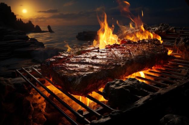 Grote steak die op het vuur wordt gegrild Kook barbecue in de natuur Zee rotsen en zonsondergang op de achtergrond Generatieve AI