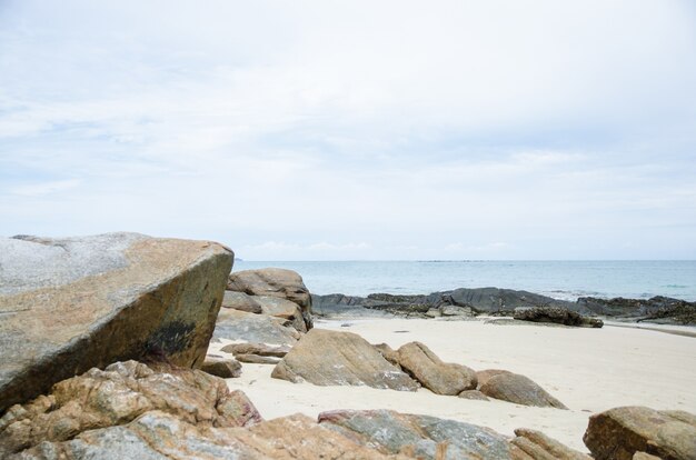 Grote steen op strand met zee achtergrond