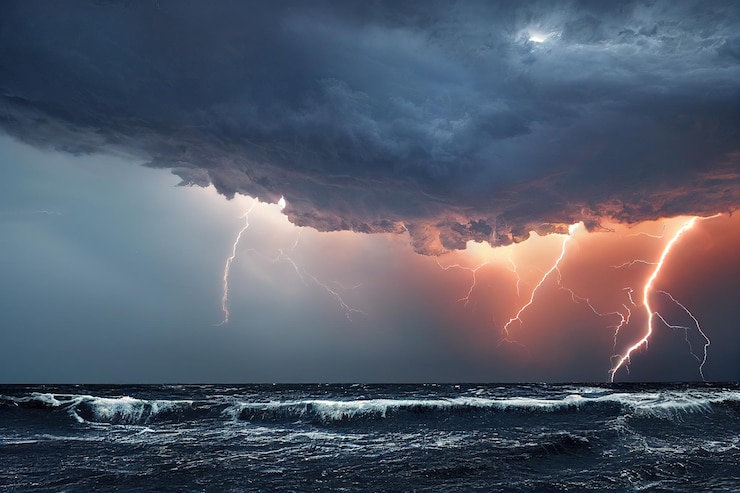 Foto grote storm met bliksem over zee
