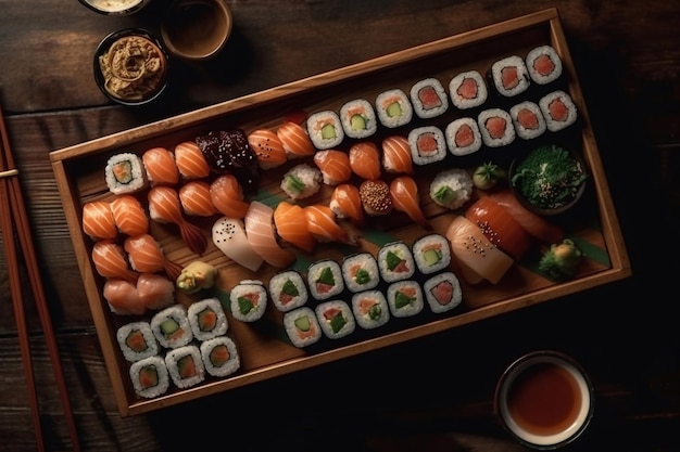 Grote sushi roll set bovenaanzicht Plat liggend met veel sushi en broodjes Generatieve AI