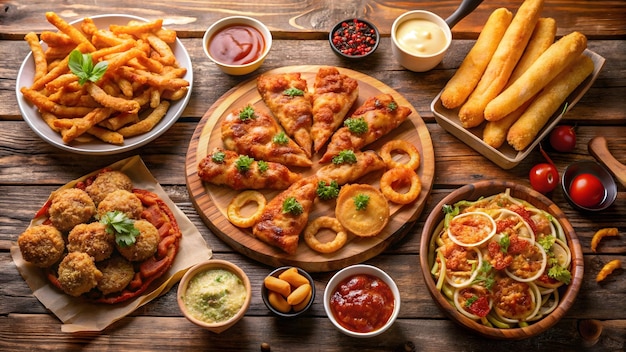 grote tafel met verschillende take-out gerechten zoals pizza