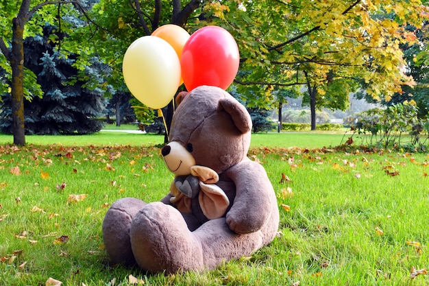 Grote teddybeer met ballonnen op het gras. mooie herfst is gekomen.