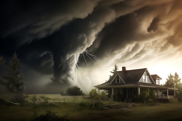 Grote tornado nadert huiszicht vanaf de grond gegenereerd door AI