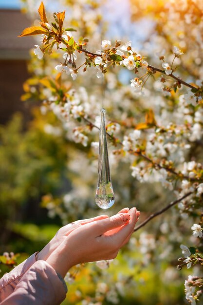 Grote transparante druppel op de achtergrond van een bloeiende appelboomgaard met een hand het concept van wate