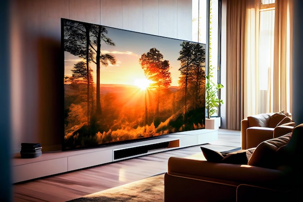 Grote tv in een woonkamer Elegante woonkamer met groot tv-scherm Generatieve AIxA