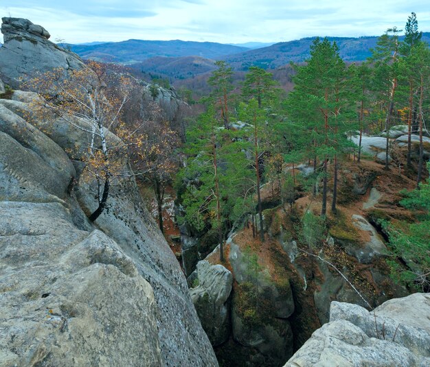 Grote verheven stenen in herfstbos ("Skeli Dovbusha", regio Ivano-Frankovsk, Oekraïne)