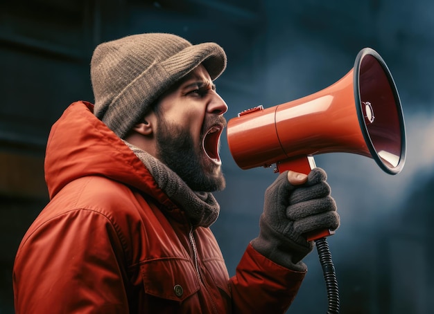 Foto grote verkoop emotioneel portret van een marketingprofessional met een megafoon