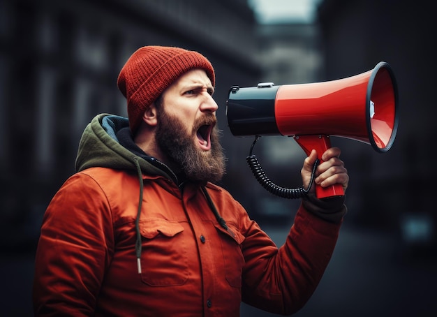 Grote verkoop Emotioneel portret van een marketingprofessional met een megafoon