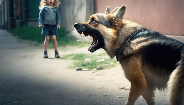 Grote verschrikkelijke zwerfhond blaft en gromt op klein meisje dat op straat loopt hondsdolle hond valt kind aan