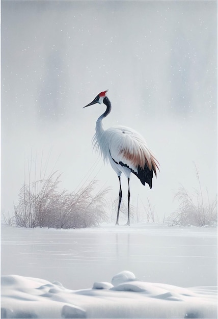 Grote vogel staande bovenop een besneeuwd veld generatieve ai