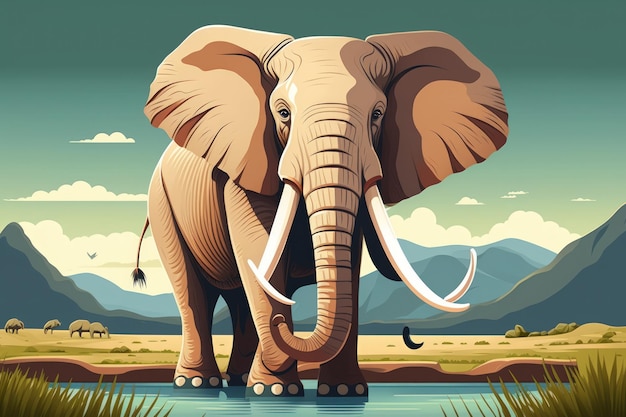 Grote volwassen Afrikaanse olifantenstier met lange ivoren slagtanden gescheiden van zijn natuurlijke omgeving