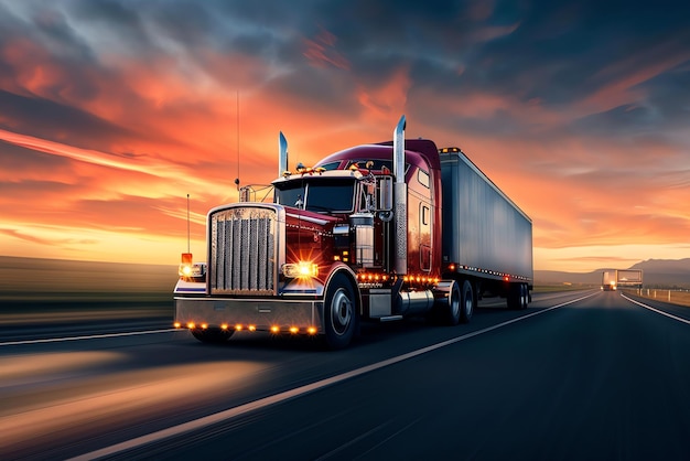 grote vrachtwagen op de weg bij zonsondergang AI gegenereerd.
