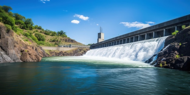 Grote waterkrachtcentrale aan de rivier Milieuvriendelijke elektriciteitsproductie Stabiele energiebron Groene energie