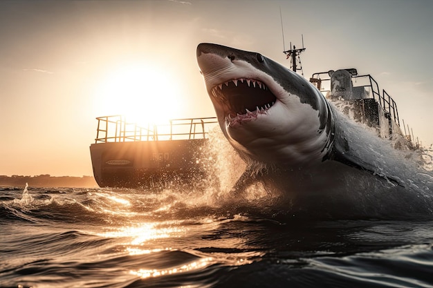 Grote witte haai die bij zonsondergang uit het water springt met een boot op de achtergrond