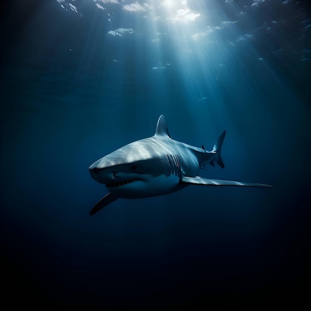 Grote witte haai in de diepblauwe oceaan 3D-rendering