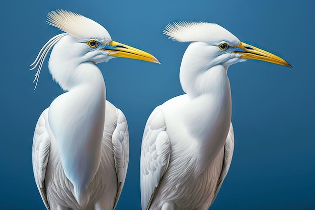 Grote witte koningsvogels met lange grijze snavel op blauwe generatieve ai als achtergrond