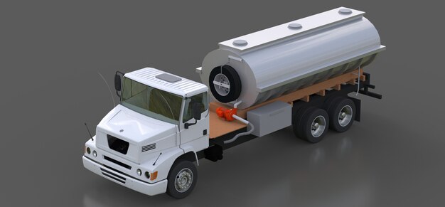 Grote witte tankwagen met een gepolijste metalen oplegger. Uitzicht van alle kanten. 3D-afbeelding.