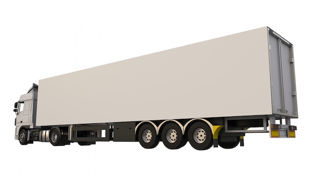 Grote witte vrachtwagen met oplegger. Sjabloon voor het plaatsen van afbeeldingen. 3D-weergave.