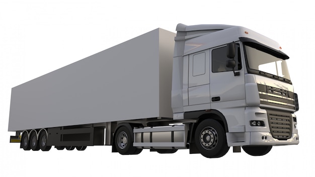 Grote witte vrachtwagen met oplegger. Sjabloon voor het plaatsen van afbeeldingen. 3D-weergave.