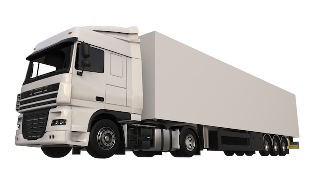 Grote witte vrachtwagen met oplegger. Sjabloon voor het plaatsen van afbeeldingen. 3D-weergave.