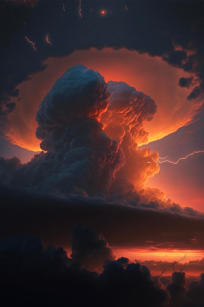 Grote wolk aan de hemel met een zonsondergang op de achtergrond generatieve ai