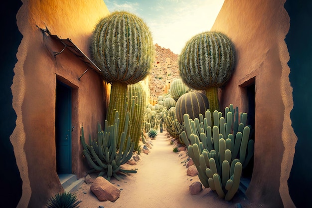 Foto grote zuidwestelijke doornige vetplantencactus in woestijnstad in mexico
