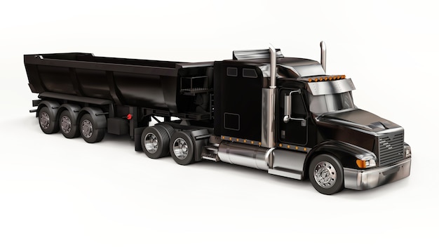 Grote zwarte Amerikaanse vrachtwagen met een dumper van het trailertype voor het vervoer van bulklading op een witte achtergrond. 3D illustratie.