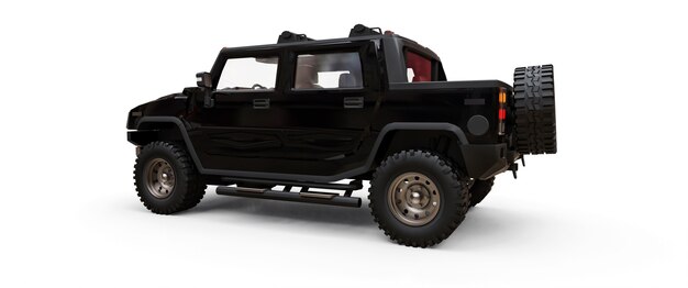 Grote zwarte off-road pick-up voor platteland of expedities op witte geïsoleerde achtergrond. 3D illustratie.