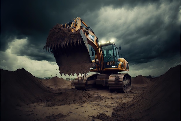 Grotesque future excavator digging ground in thunderstorm created with generative ai