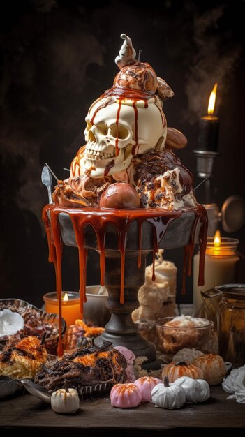 grotesque halloween sundae culinary terror with skulls pumpkins candles Ai Generated