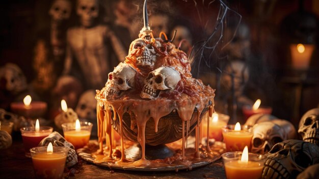 grotesque halloween sundae culinary terror with skulls pumpkins candles Ai Generated