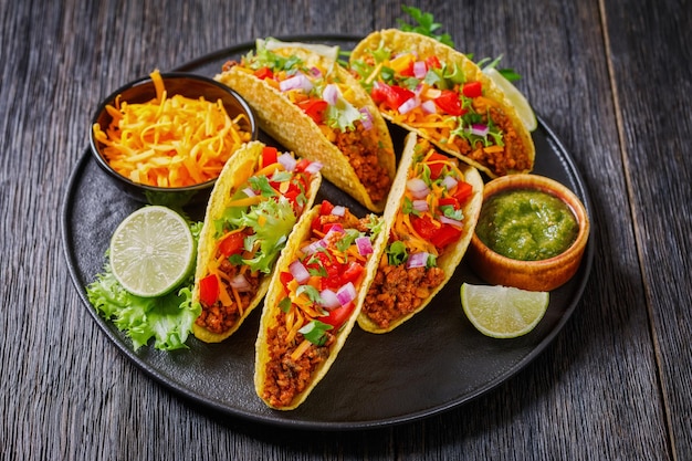 Tacos di manzo macinato su una vista dall'alto del piatto