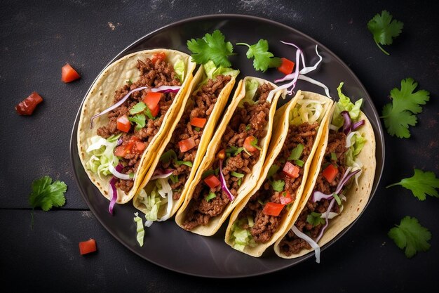 Ground beef tacos on a plate top view