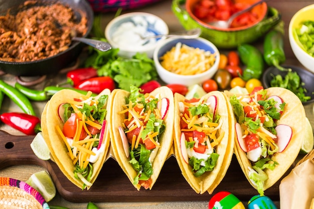 Ground beef tacos with romaine lettuce, diced tomatoes,\
radished, and shredded cheddar cheese.