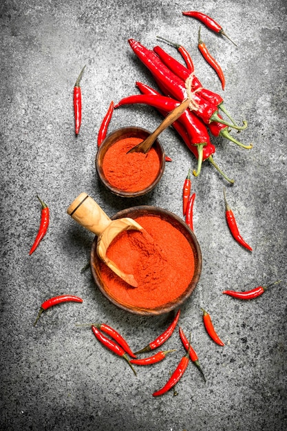 Ground chili peppers in a bowl on a rustic background