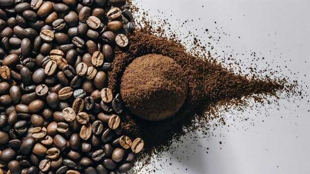 Foto fagioli di caffè macinati sullo sfondo bianco