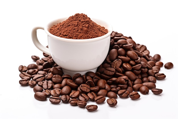 白い背景に隔離されたコーヒー豆をカップに積み重ねて粉したコーヒー