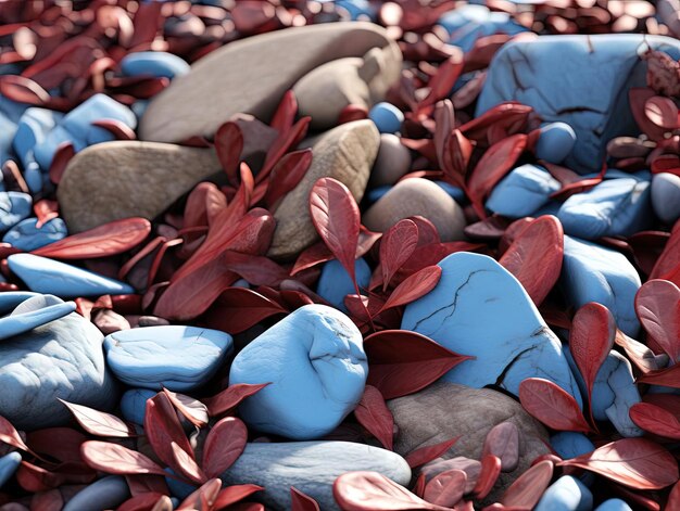 a ground covered in rocks and leaves in the style of light maroon and azure