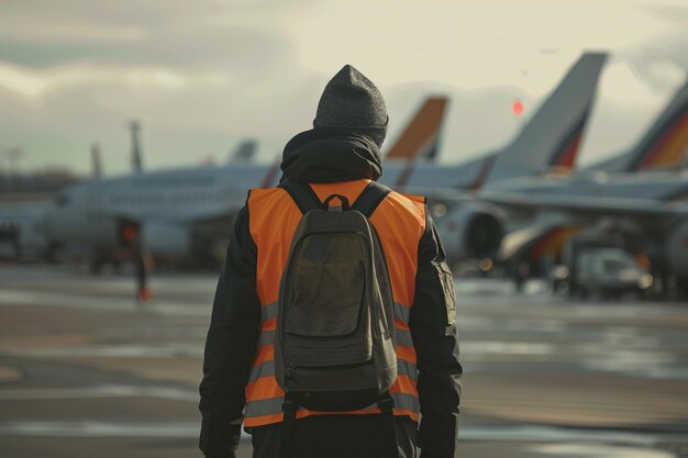 지상 승무원이 인공지능으로 생성된 해가 지는 공항 운영을 감독하고 있습니다.